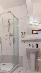 a white bathroom with a shower and a sink at Penzion Navara in Kolín