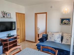 a living room with a blue couch and a tv at Apartments Sofija in Slatine