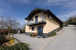 a small house with a black roof at Nogica in Otočec