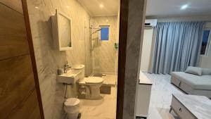 a bathroom with a toilet and a sink and a shower at Modern Studio with Stylish Interior in Dorp Sint Michiel +9 photos