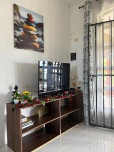 a living room with a television on a wooden entertainment center at Skipper Dan Bungalow in La Gaulette