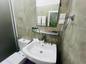 a bathroom with a sink and a toilet and a mirror at Emerald Leaf Kandy Villa in Panabokka +38 photos