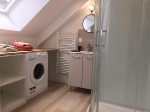 a laundry room with a washing machine and a sink at l'imprimerie in Malestroit