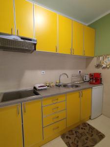 a kitchen with yellow cabinets and a sink at Apartment Temple in Podgorica +21 photos
