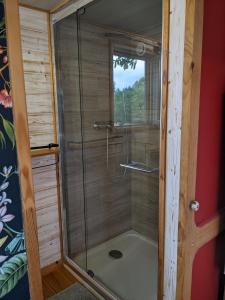 a shower with a glass door in a room at Tiny chouette et jacuzzi in Doulezon
