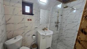 a white bathroom with a toilet and a sink at La Hotar in Buchin +9 photos