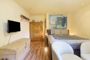 a bedroom with a bed and a flat screen tv at Romantikzimmer in Striesen in Dresden