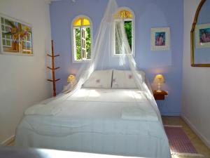 a bedroom with a bed with a mosquito net at Aratinga Inn in Abraão