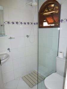 a bathroom with a shower with a toilet and a sink at Aratinga Inn in Abraão