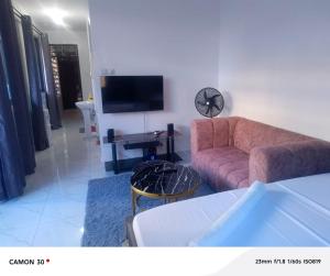 a living room with a couch and a tv at Homly Stays in Kisii