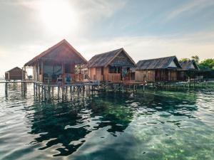 a group of huts on the water in the ocean at Angelfish Guest House Raja Ampat in Besir