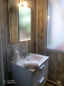 a bathroom with a sink and a mirror at Le Castel d'olmes in Laroque-dʼOlmes +39 photos
