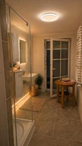 a bathroom with a shower and a table and a sink at Ferienwohnung Eleni in Mauth