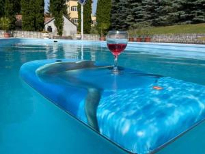 a glass of wine and a shark in a swimming pool at Vitál Guesthouse in Almamellék