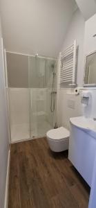 a bathroom with a shower and a toilet and a sink at Enklawa - Floryn Mielno in Mielno +24 photos