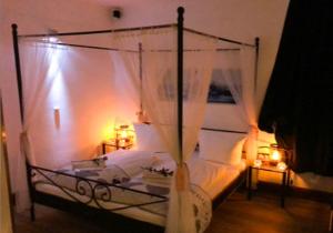 a bedroom with a canopy bed with two night lights at Bubble-Hotel Deutschland in Orlenbach