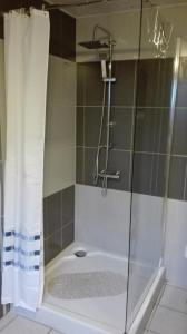een douche met een glazen deur in de badkamer bij Aux doux rêves in Provèdroux