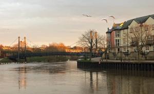 a view of a river with a bridge and buildings at Central spacious town house in Exeter