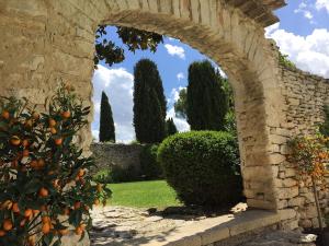 an archway in a garden with an orange tree and bushes at Domaine Les Martins in Gordes