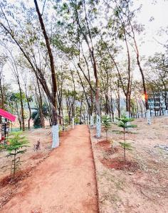 a dirt path through a forest with trees at Shankars Resort in Guwahati