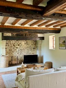 a living room with two couches and a stone fireplace at La Cidrerie du Haras in Léaupartie
