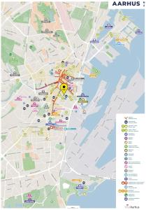 a map of a city with a yellow marker at Superb First-Floor Mid Town Apartment in Aarhus