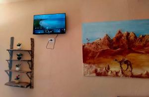 a flat screen tv hanging on a wall with a painting at Résidence Arinas in Al Barāwikah +16 photos