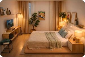 a bedroom with a large bed and a television at Greeny garden house in Ban Na Sat