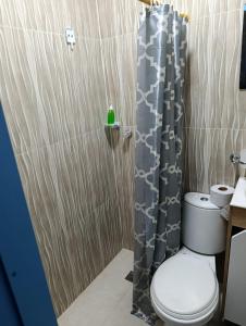 a bathroom with a toilet and a shower curtain at hospedaje casa de niebla in Salento +24 photos