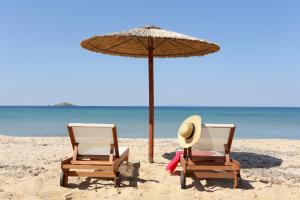 two chairs and an umbrella on the beach at Aithra -Agios Petros Andros in Gavrio