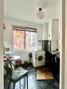 een keuken met een wasmachine en een tafel bij Modern flat near downtown Plovdiv in Plovdiv
