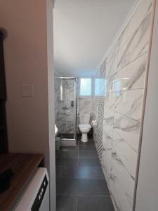 a bathroom with a toilet and a walk in shower at SeDi Cozy Apartment in Chios +28 photos
