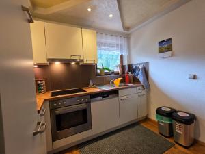 a kitchen with a sink and a stove top oven at Feines Alpennest in Hopfgarten im Brixental