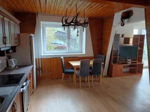 a kitchen with a table and chairs and a window at Penzion Iris in Albrechtice
