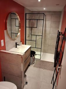 a bathroom with a sink and a shower with a mirror at Un Air de Poudlard in Bogny Sur Meuse