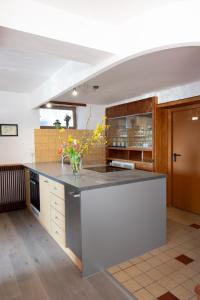 a kitchen with a counter with a vase of flowers at Gästehaus Willanzheim in Willanzheim