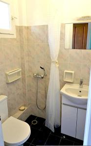 a bathroom with a shower with a toilet and a sink at Gefyra Studios Filoti Naxos in Filótion +19 photos