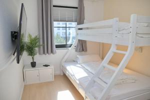a bedroom with a bunk bed with a ladder at Haus Titania App 9 inkl WLAN in Grömitz