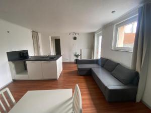 a living room with a couch and a kitchen at Ferienwohnung Habichtsnest in Runkel