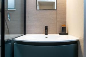 a bathroom with a white sink and a mirror at Appartement Ty Avel in Quiberon