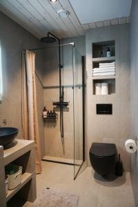 a bathroom with a shower and a toilet and a sink at Modern One-Bedroom Apartment in Henningsvær in Henningsvær +38 photos