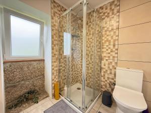 a bathroom with a shower with a toilet and a window at Casa do Oliveira - Gerês in Terras de Bouro +49 photos