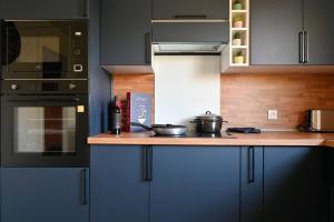 a kitchen with a counter with pots and pans on it at Le pacifique in Schiltigheim