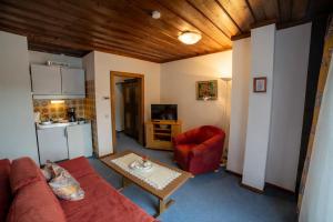 a living room with a red couch and a kitchen at Haus Kapeller in Seeboden
