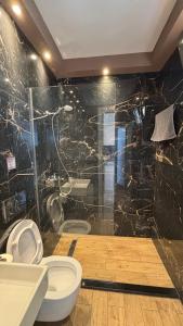 a bathroom with a toilet and a glass shower at Coralli Apartments in Pefki