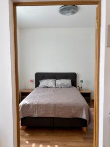 a bedroom with a large bed and two night stands at Mazā Roma in Ventspils