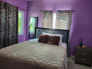 a bedroom with purple walls and a bed with two pillows at Beit Elohim in Lucea +16 photos