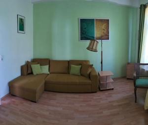 a living room with a brown couch and a lamp at Ferienwohnung am Dom in Verden +11 photos