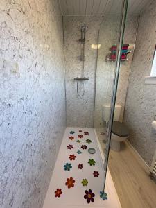 a shower stall with a floor with flowers on it at Stillrovin Cottage in Stirling