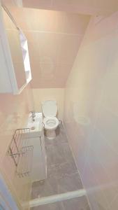 a white bathroom with a toilet and a sink at Meadow room in Slough
